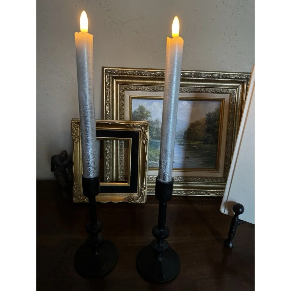Pair Black Cast‎ Iron Taper Candle Holders Brutalist Style Modernist 7